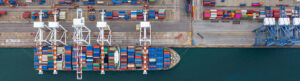 Het laden en lossen van een containerschip in de Rotterdamse haven.