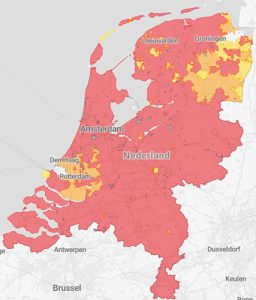 De kaart van Nederland met de gebieden van netcongestie met betrekking tot afname van elektriciteit aangegeven.