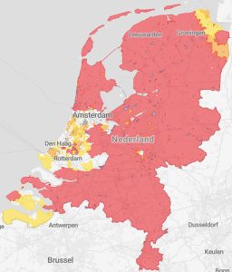 De kaart van Nederland met de gebieden van netcongestie met betrekking tot teruglevering van elektriciteit aangegeven.