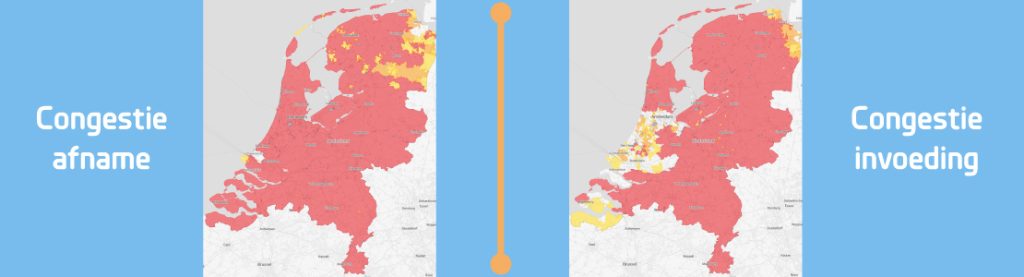 Netcongestie weergegeven op een kaart van Nederland van zowel afname als teruglevering van elektriciteit in 2026.